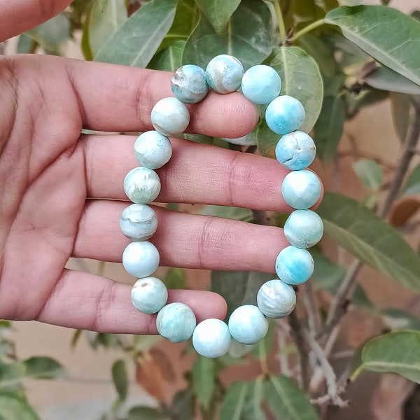 Natural Stone Blue Aragonite Beaded Bracelet 10mm Crystal Gemstone Stretchable Handmade