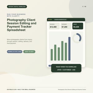 May include: A digital photography client session editing and payment tracker spreadsheet template. The interface displays revenue, expenses, and profit figures, along with bar charts and a circular graph. Text includes "Run Your Business With Clarity" and "Ready When You Download Open Customize Use".