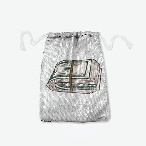 Abundance Money Roll Sequin Reversible Pull String Bag