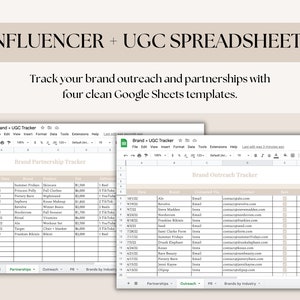 Influencer Brand Partnership Tracker, Brand Outreach Tracker, User Generated Content Template, PR Tracker, Influencer Template