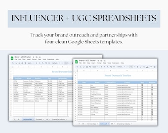 Influencer Brand Partnership Tracker, Brand Outreach Tracker, User Generated Content Template, PR Tracker, Influencer Template