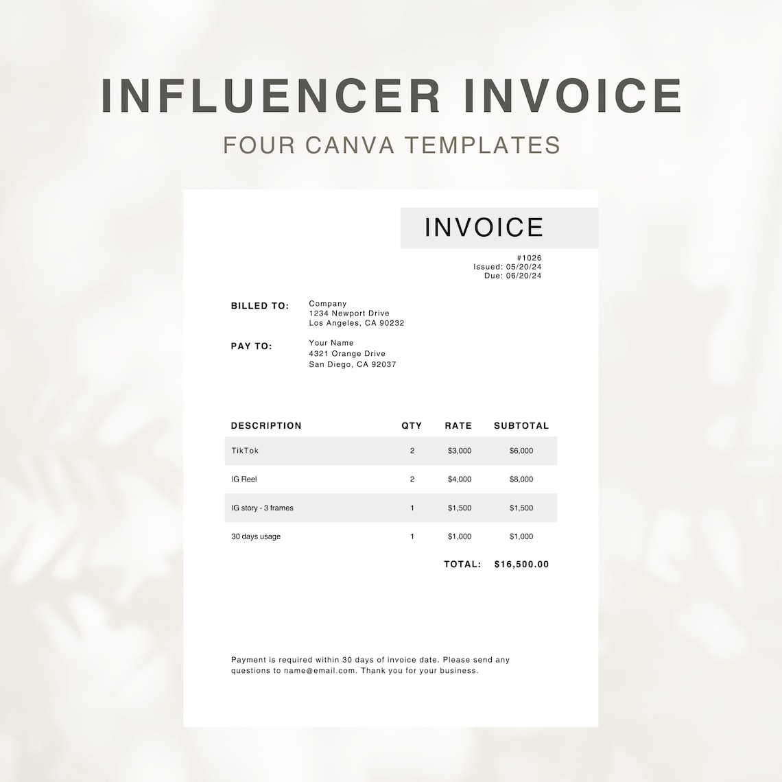 Invoice Template, Influencer Template, Minimalist Invoice Template