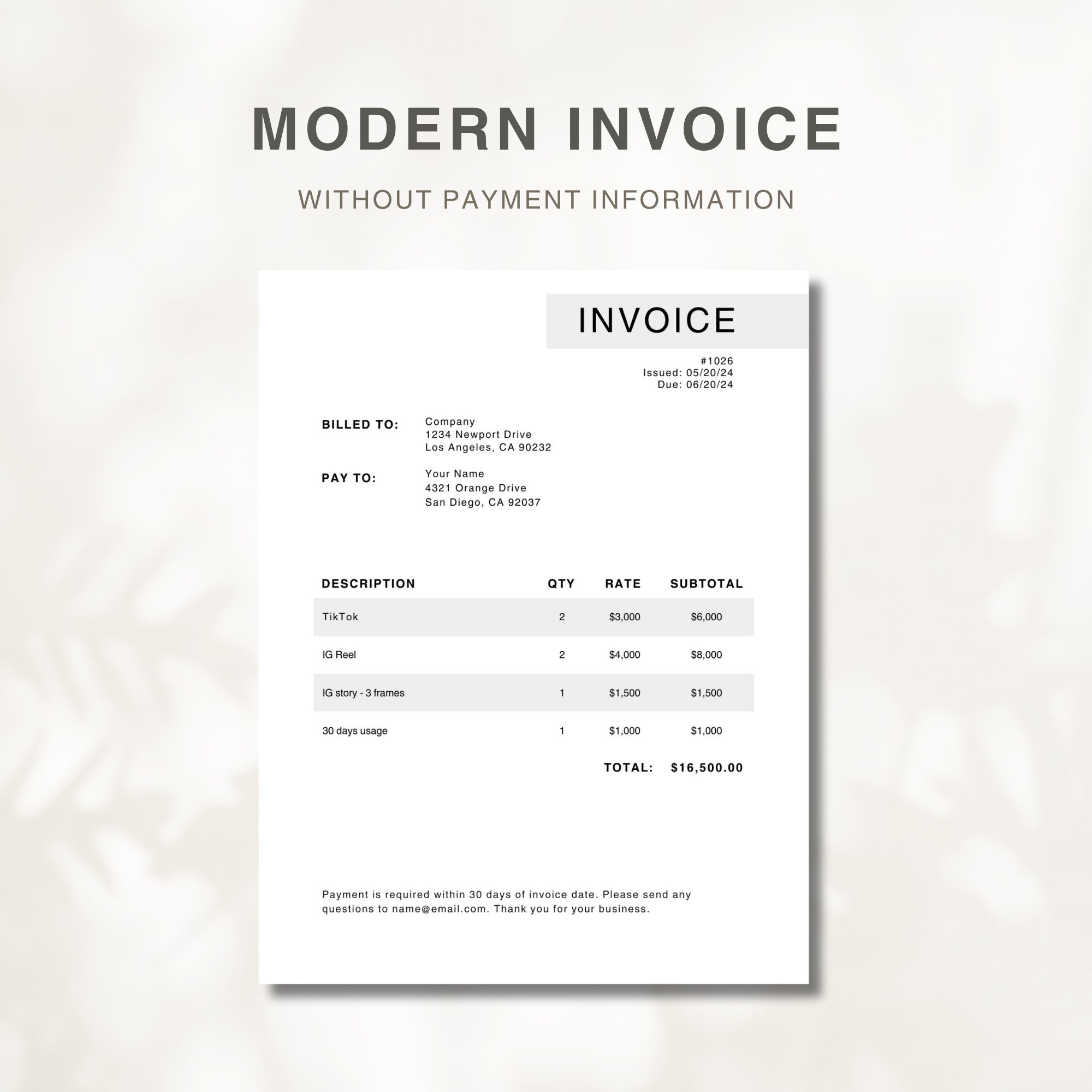Invoice Template, Influencer Template, Minimalist Invoice Template ...