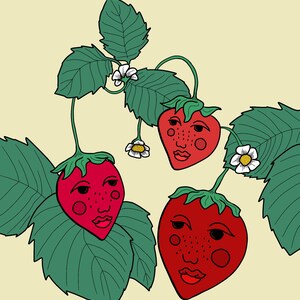 May include: Three red strawberries with white flowers and green leaves. Each strawberry has a cartoon face with black eyes, a red mouth, and two red cheeks.