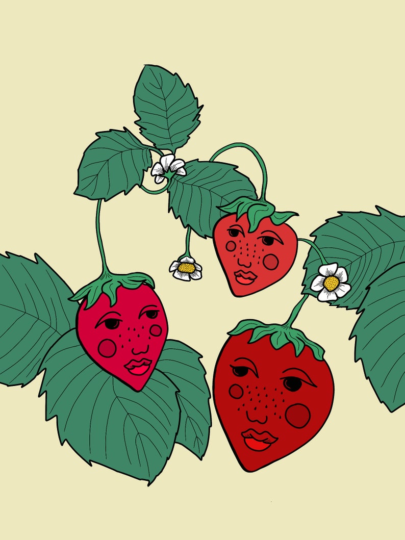 May include: Three red strawberries with white flowers and green leaves. Each strawberry has a cartoon face with black eyes, a red mouth, and two red cheeks.