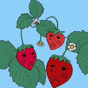 May include: Two red strawberries with faces drawn on them are on a green leafy vine against a light blue background. The strawberries have black eyes, red lips, and pink cheeks.