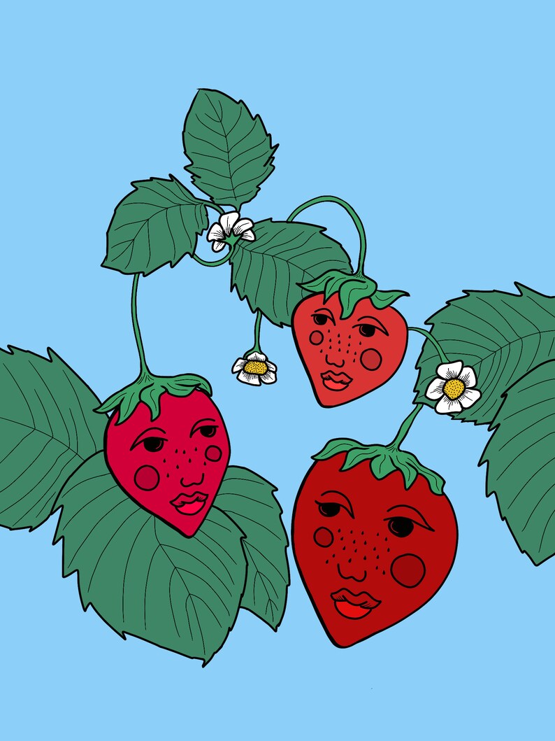 May include: Two red strawberries with faces drawn on them are on a green leafy vine against a light blue background. The strawberries have black eyes, red lips, and pink cheeks.