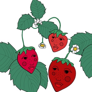 May include: Two red strawberries with faces drawn on them are on a green leafy vine. The strawberries have black eyes, red lips, and pink cheeks.