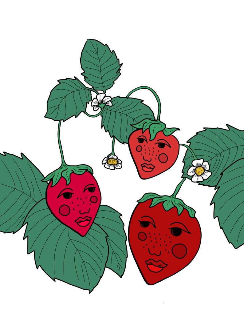 May include: Two red strawberries with faces drawn on them are on a green leafy vine. The strawberries have black eyes, red lips, and pink cheeks.
