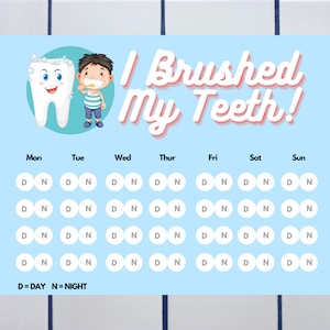 Op de afbeelding: Een blauwe en witte kaart met de tekst "I Brushed My Teeth!" en een cartoon van een tand en een kind. De kaart heeft een raster met de dagen van de week en cirkels om aan te geven of de tanden 's morgens of 's avonds zijn gepoetst.
