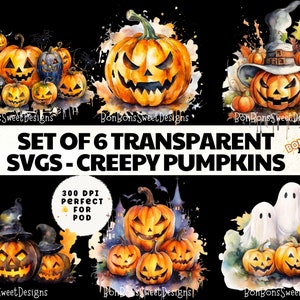 PNG Spooky Halloween Clipart Bundle SVG, SVG Transparent Printable Art, Pumpkin, Scary, Witch, Gnome, Clown, Haunted House, Skeleton
