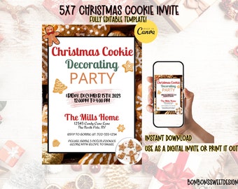 May include: Printable 5x7 Christmas cookie decorating party invitation template. The invitation features a gingerbread man, a Christmas tree, and a candy cane. The text on the invitation reads "Christmas Cookie Decorating Party" and includes the date, time, and location of the party. The invitation also includes a request for guests to bring 3 dozen cookies and a recipe to share.
