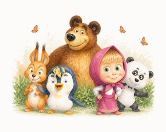 Pode incluir: Uma ilustração em estilo aguarela apresentando um grupo de personagens de desenhos animados, incluindo um grande urso castanho, uma criança com um lenço e vestido cor-de-rosa, um pequeno esquilo laranja, um pinguim preto e branco e um pequeno panda, com borboletas.