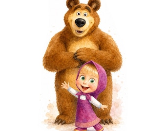 Arte de parede infantil inspirada em Masha e o Urso para imprimir | Decoração de quarto de bebê com desenho animado | Pôster para quarto infantil | Download digital | Arte de parede para sala de jogos