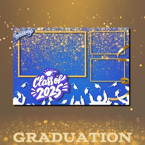 Modelo de cabine de fotos para formatura azul e dourado 2025, layout de cartão postal 4x6 (editável)
