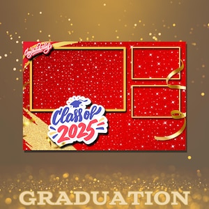 Modelo de cabine de fotos vermelho e dourado para formatura 2025, layout de cartão postal 4x6 (editável)