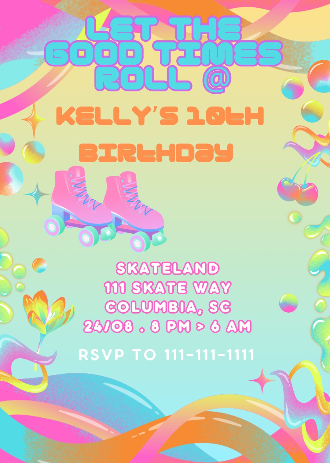 Editable Roller Skate Party Invitation, Invitation Template, Roller ...
