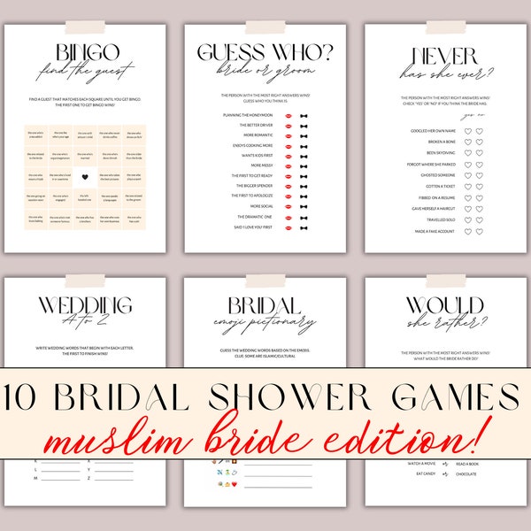 Muslim Bridal Shower Games, 10 GAME BUNDLE, Printable, Modern, Minimalist Wedding Shower Game, Instant Download, Muslim Bride