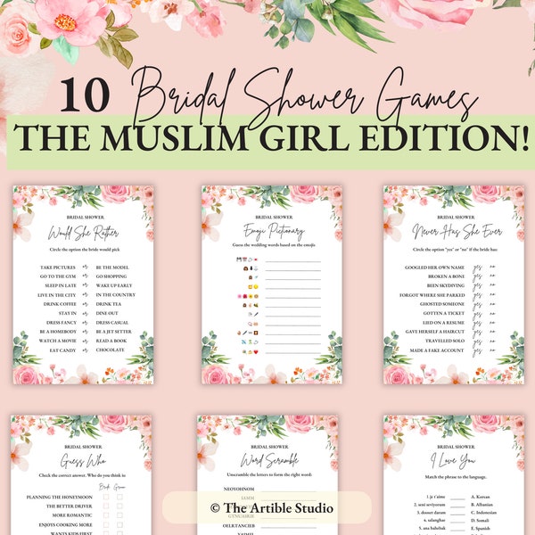 Bridal Shower Games, 10 GAME BUNDLE, Printable, Pink, Floral Wedding Shower Game, Instant Download, Muslim Bridal Shower Game