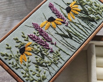 Wildflower Hand Embroidered Wooden Jewelry Box| Black Eyed Susans and Lavender Embroidery| Magnetic Jewelry Box