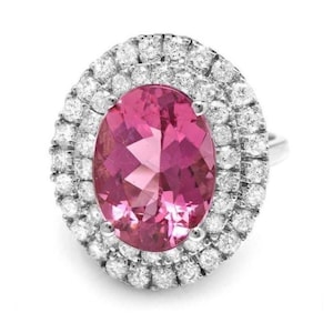7.85 Carats Natural Pink Tourmaline and Diamond 14K Solid White Gold Ring