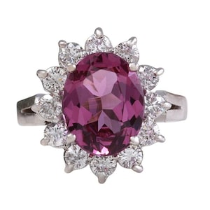 4.65 Carats Exquisite Natural Pink Tourmaline and Diamond 14K Solid White Gold Ring