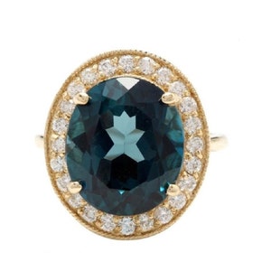 10.75 Carats Impressive Natural London Blue Topaz and Diamond 14K Solid Yellow Gold Ring