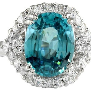 7.80 Carats Natural Very Nice Looking Blue Zircon and Diamond 14K Solid White Gold Ring