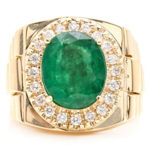 5.70 Carats Natural Emerald and Diamond 18K Solid Yellow Gold Men&#39;s Ring