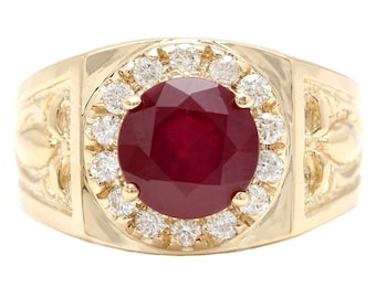 5.00 Carats Impressive Red Ruby and Natural Diamond 14K Solid Yellow Gold Men&#39;s Ring