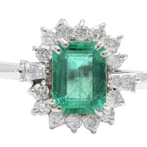 1.45 Carats Natural Emerald and Diamond 14K Solid White Gold Ring