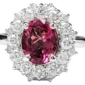 3.95 Carats Natural Very Nice Looking Pink Tourmaline and Diamond 14K Solid White Gold Ring