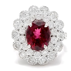 4.25 Carats Natural Very Nice Looking Tourmaline and Diamond 14K Solid White Gold Ring