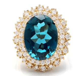 13.40 Carats Impressive Natural London Blue Topaz and Diamond 14K Yellow Gold Ring