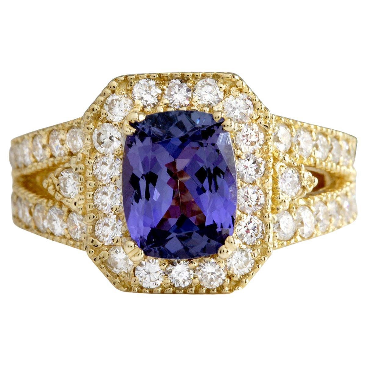 3.30 quilates natural muy bonito aspecto Tanzanita y diamante 18K Anillo de oro amarillo sólido
