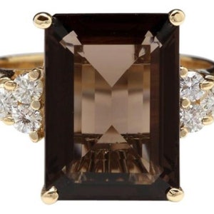 7.35 Carats Natural Impressive Smokey Quartz and Diamond 14K Solid Yellow Gold Ring