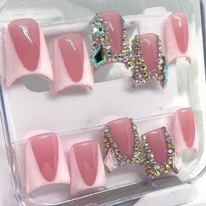 White French tip (Blinged Out ) Press on Nails|Simple Nails|Short Duck Nails|Blinged out nails|Mature Nails|Rhinstone Nails|Nails|Press ons|
