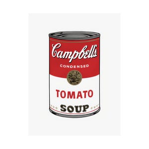 Peut inclure: Une boîte de soupe aux tomates Campbell's avec un dessus et une étiquette rouges, un centre blanc et un fond argenté. L'étiquette présente le logo Campbell's, les mots "CONDENSÉ" et "SOUPE TOMATE", et un médaillon doré.