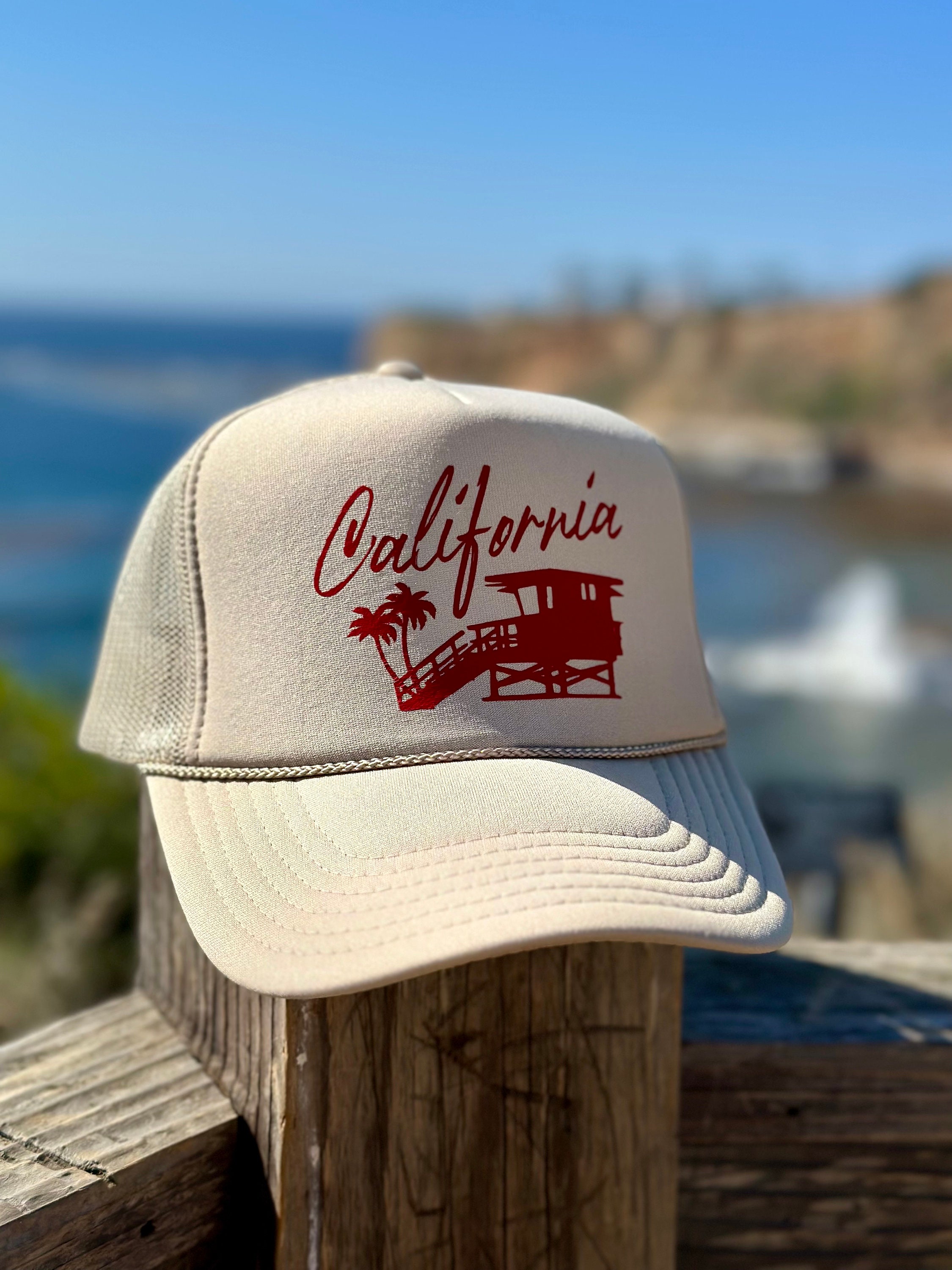 California Trucker Hat, Beige Foam Trucker Hat, Beach Hat, High
