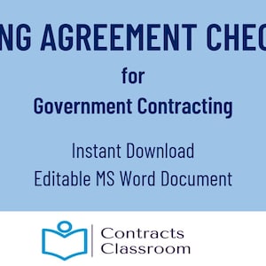 May include: A light blue graphic with the text "TEAMING AGREEMENT CHECKLIST" and "for Government Contracting." Additional text includes "Instant Download" and "Editable MS Word Document." A logo for Contracts Classroom is at the bottom.