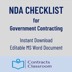 Könnte beinhalten: Eine blaue und weiße Grafik mit dem Text "NDA CHECKLIST for Government Contracting" und dem Text "Instant Download Editable MS Word Document". Unter dem Text befindet sich ein blaues Buchsymbol mit dem Text "Contracts Classroom".