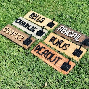 Puede incluir: Placas de nombre de madera con varios nombres en diferentes fuentes y colores. Cada placa tiene un gancho negro adjunto. Los nombres incluyen Bella, Charlie, Cooper, Abigail, Rufus y Peanut. Las placas están sobre hierba verde.