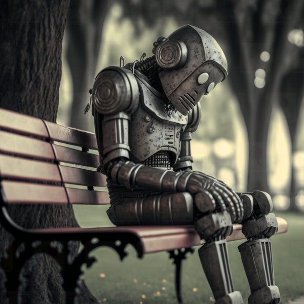 Neurosopher Sad Robot On Bench -PNG Digital Download- Cute Satire Adorable Contemporary Wallpaper Background Commercial Use, A.I. Art