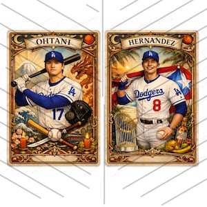 Puede incluir: Dos ilustraciones de tarjetas de béisbol con jugadores de los Dodgers de Los Ángeles. Una tarjeta muestra a Ohtani con un bate, la otra a Hernández sosteniendo una pelota de béisbol y una bandera. Ambas tarjetas tienen bordes ornamentados e imágenes temáticas de béisbol.