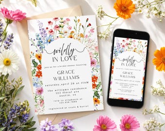 Wildflower Bridal Shower Invitation Template, Boho Meadow Floral, Printable & Mobile (Canva Editable Digital Download