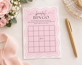 Bingo-Spiel für den Junggesellinnenabschied, bearbeitbare Canva-Vorlage, rosa Brautspiele, druckbare 5x7-Bingokarte, sofortiger Download, Aktivität für die Hochzeitsfeier