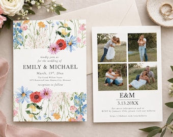 Vorlage für Hochzeitseinladungen mit Wildblumenmotiv, bearbeitbare Fotoeinladung, florale Canva-Vorlage, Hochzeitspapeterie im Gartenstil, druckbare 5x7-Zoll-Vorlage