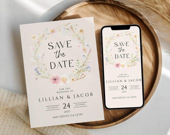 Wildblumen Save the Date Vorlage | Blumenhochzeitsmitteilung | Bearbeitbar druckbar einladen | Rustikale Gartenhochzeit
