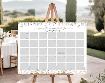 Wildflower Baby Shower Due Date Calendar – Guessing Game Activity (Instant Download)