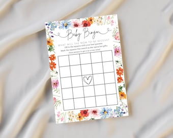 Wildflower Baby Shower Bingo Game – Editable 5x7 Printable Template in Canva
